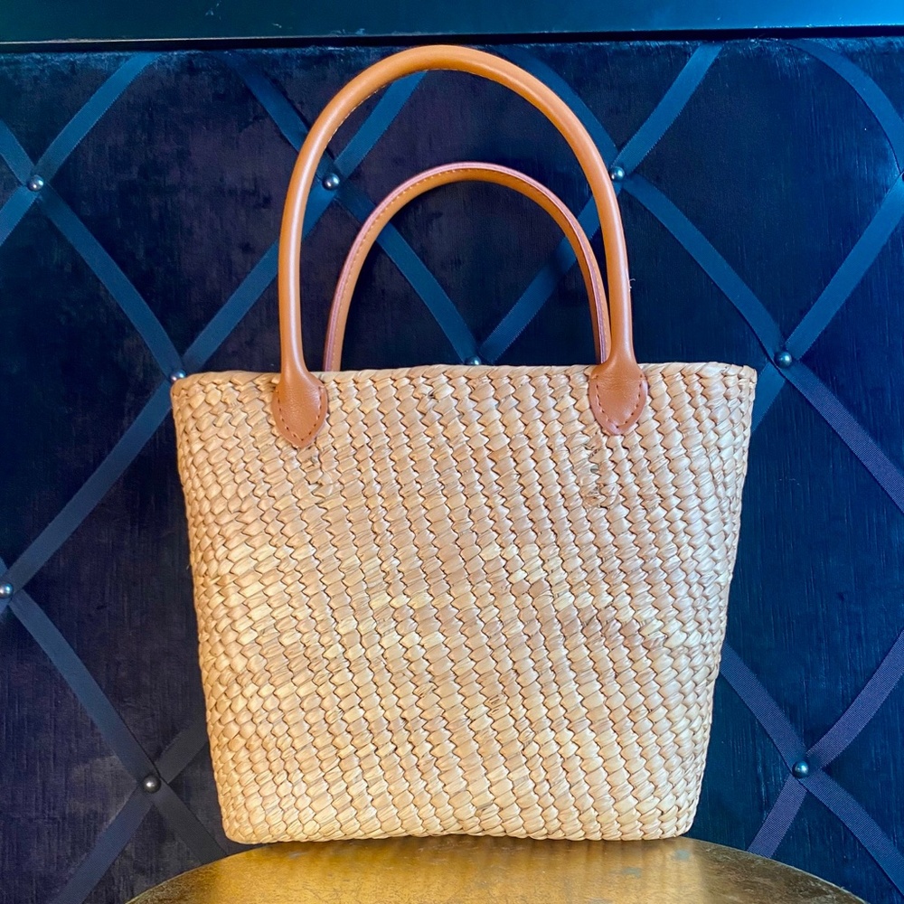 Embroidered Straw Tote Bag in Natural with Green Accents - Picture 5 of 11